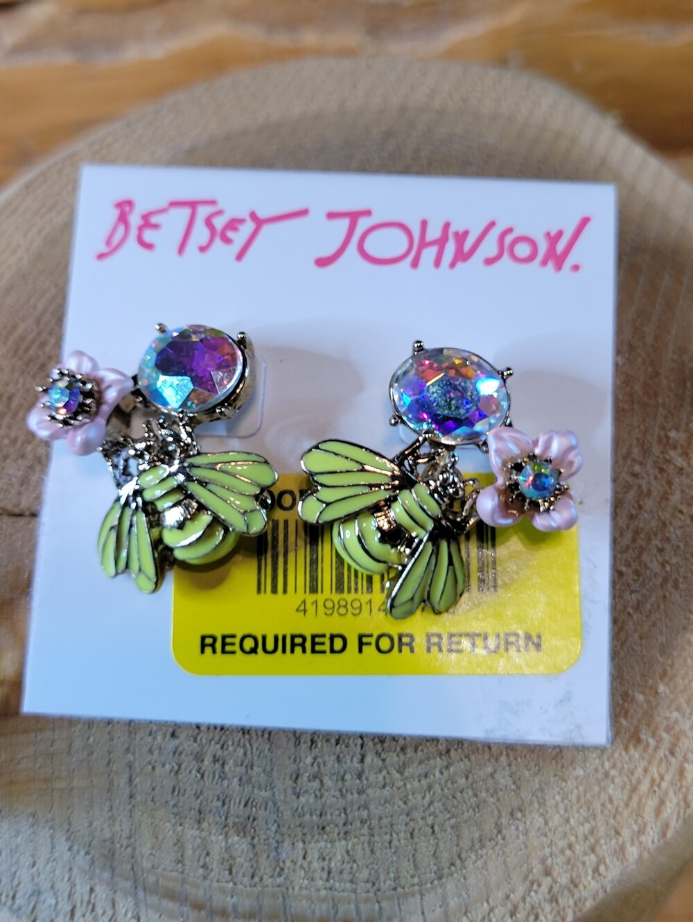Betsey Johnson Lime Bee & Pink Flower Crystal Earrings